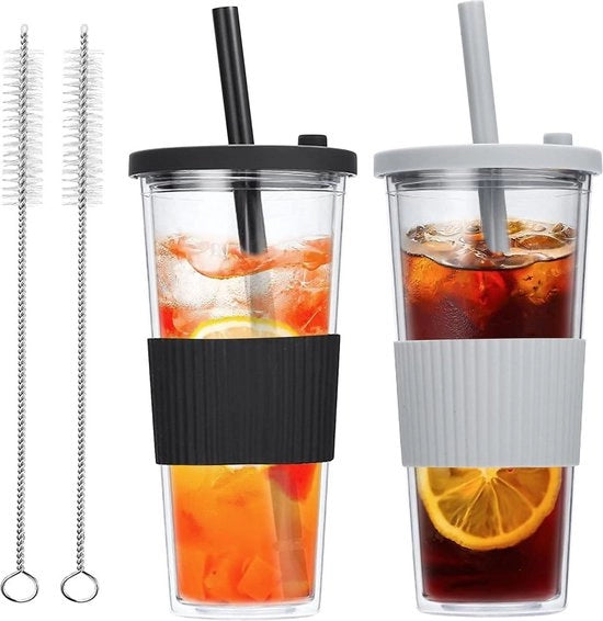 Set di bicchieri per Bubble Tea riutilizzabili 2 pezzi - Bicchiere per drink Boba con coperchio e cannuccia - Bicchiere in plastica isolato a doppia parete - Bicchiere trasparente per caffè e tè di frutta