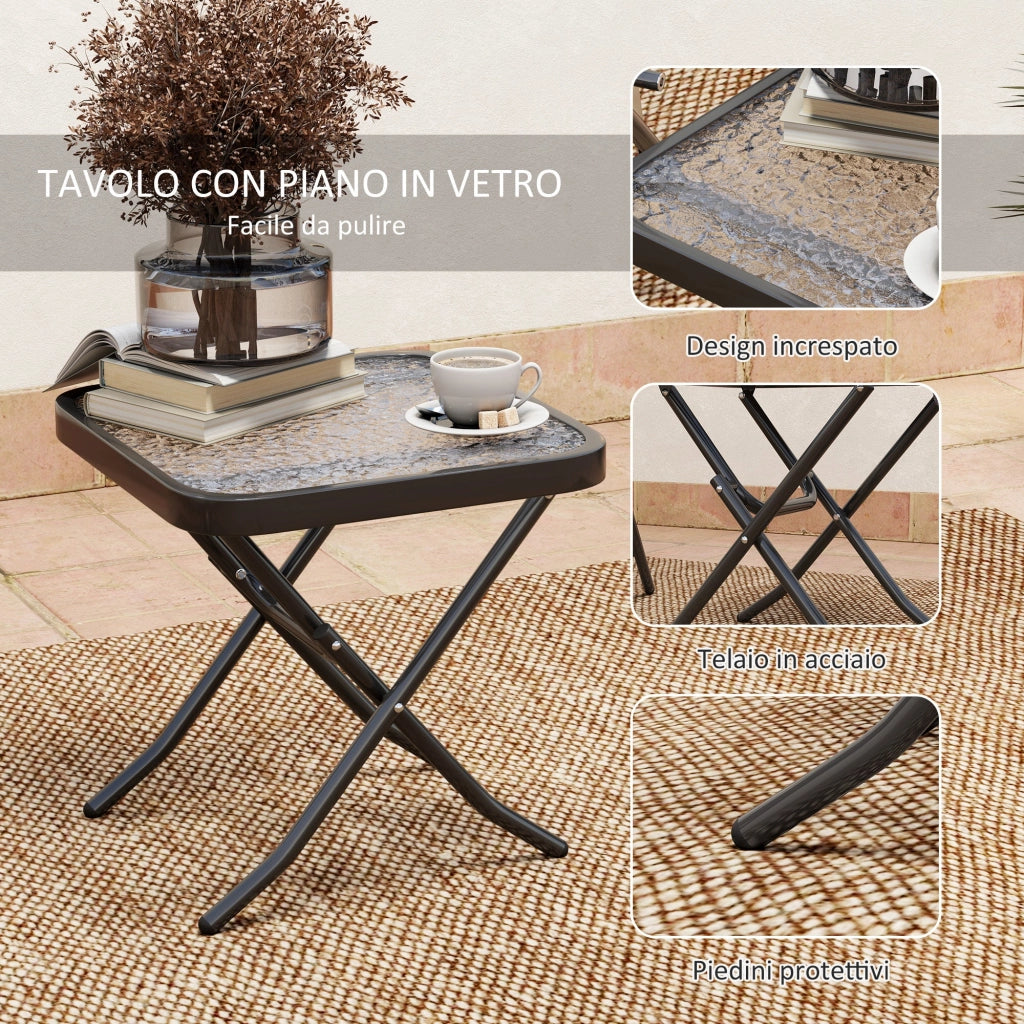 Set da Giardino 3 Pezzi Tavolo con Piano in Vetro e 2 Sedie Pieghevoli Grigio