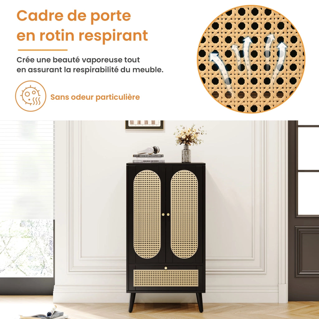 Credenza Alta con 2 Ante e 1 Cassetto; Frontali Effetto Rattan; Stile Moderno; in Pannelli di Particelle; Nero; 60¡Á40¡Á110;5 cm