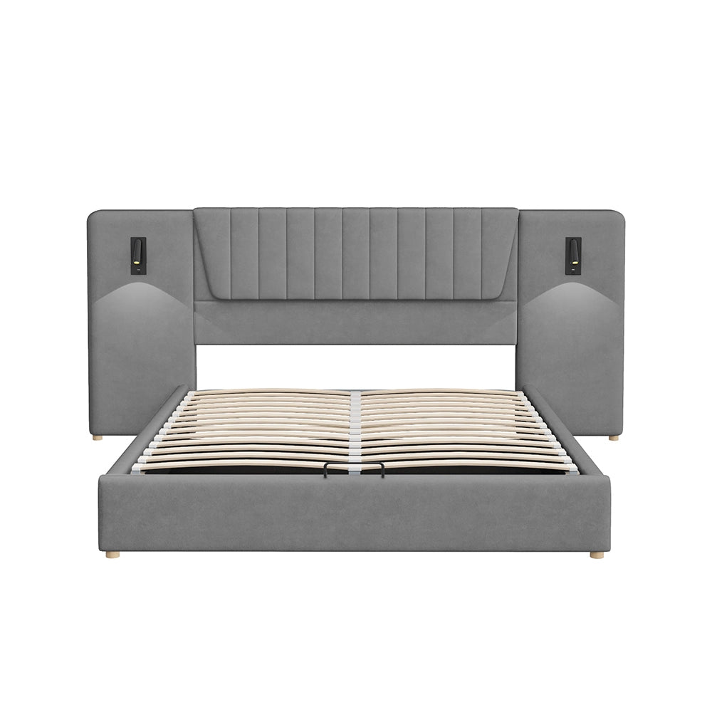 Letto a cassettoni - Xylo - 180x200 cm - Grigio - Dossier lungo, lampada, USB
