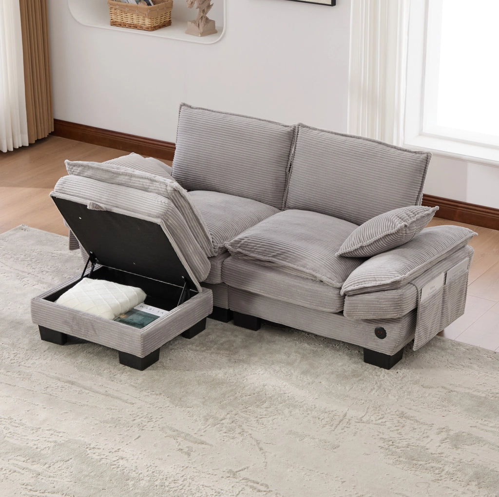 Divano 2 posti in velluto a coste con pouf e USB-C grigio chiaro