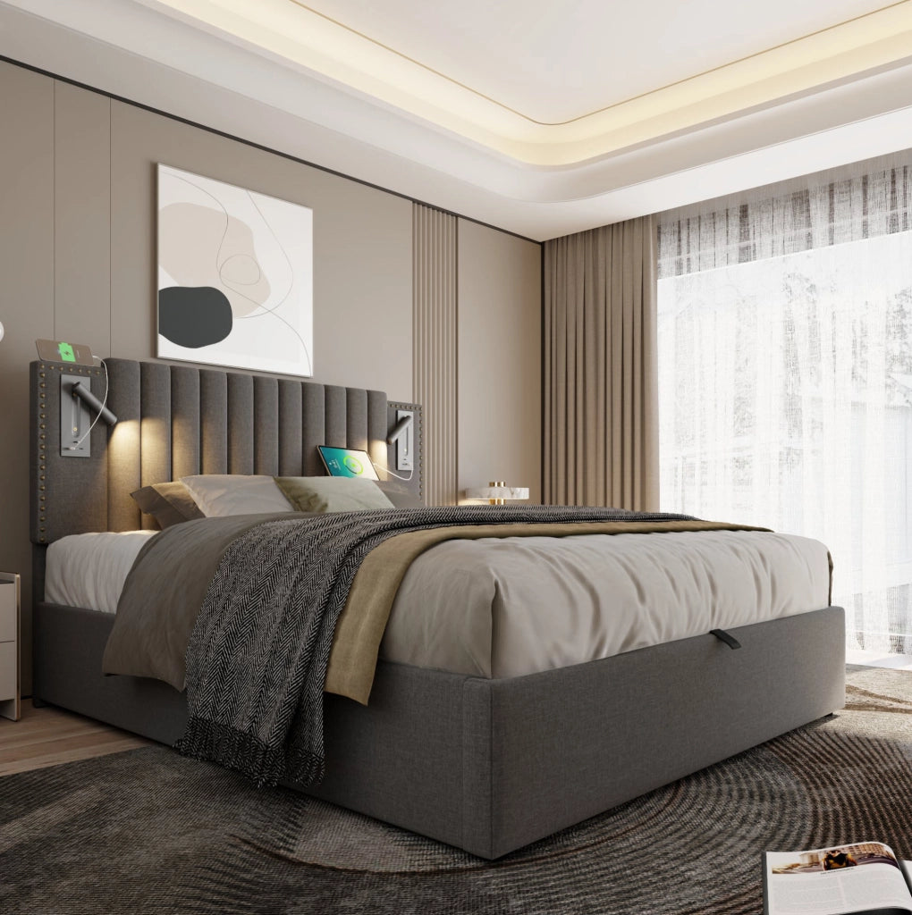 Letto matrimoniale 160x200 cm con contenitore; testiera regolabile; luce lettura e porte USB; grigio