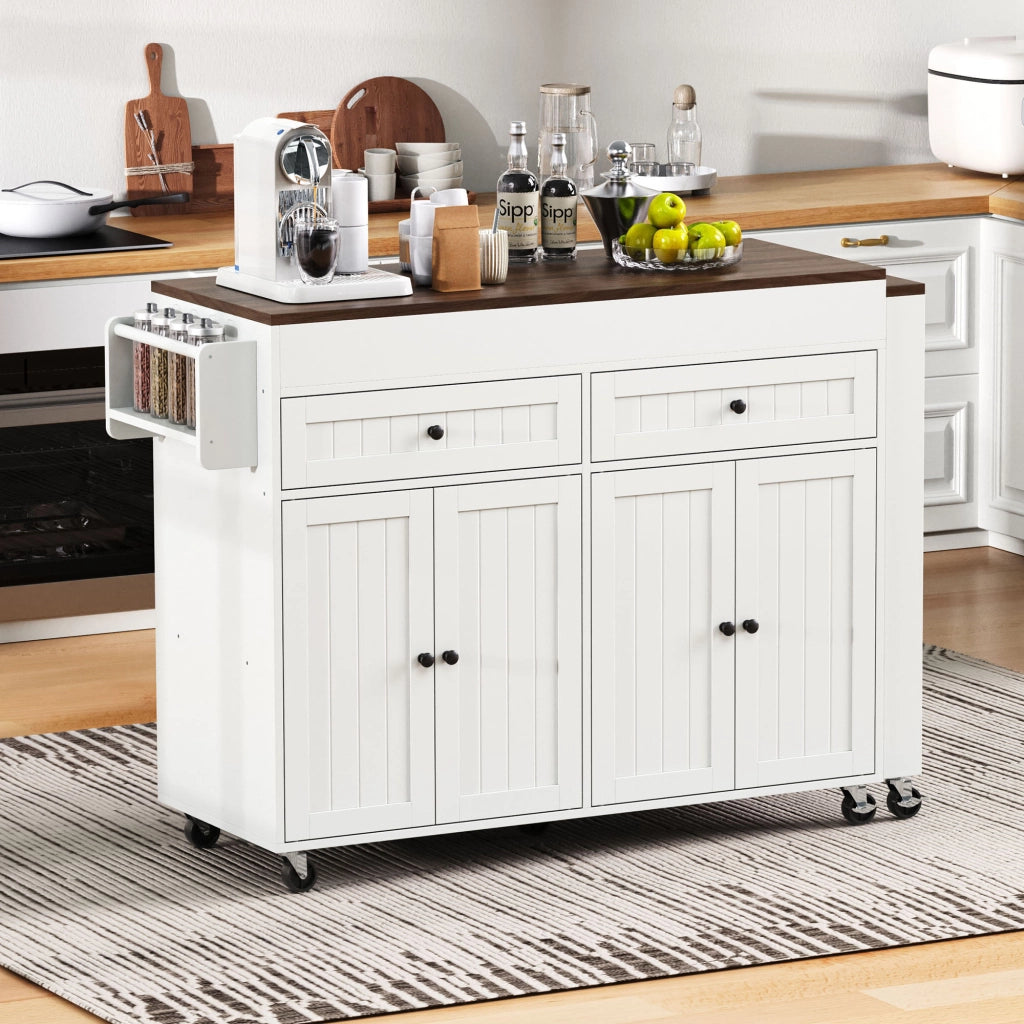 Carrello da Cucina con Piano Estensibile e Vani Contenitivi su Ruote per Cucina in MDF 112-180;5×45×92;2 cm Bianco