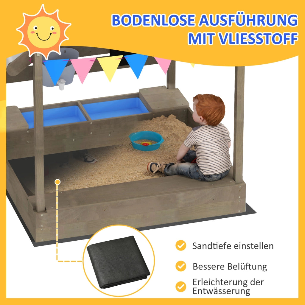 Casa di gioco per bambini con sabbiera e ombrellone ¨C zephmum ¨C 124x116x146 cm, legno massello, grigio