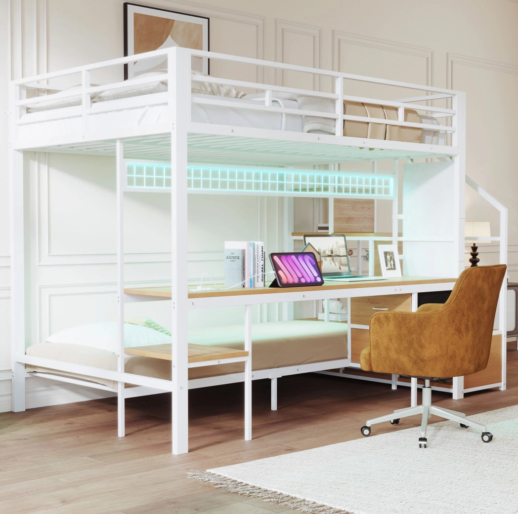 Letto a soppalco multifunzione 140x200/90x200 cm con scrivania; LED; prese e contenitori in metallo e MDF bianco