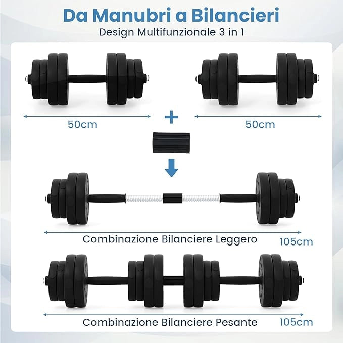 Set di Manubri Regolabili da 2 Pezzi, Peso Totale 30 Kg, Bilanciere da Palestra con Barra di Collegamento e Copertura Protettiva in Gomma, Attrezzature per Allenamento a Casa