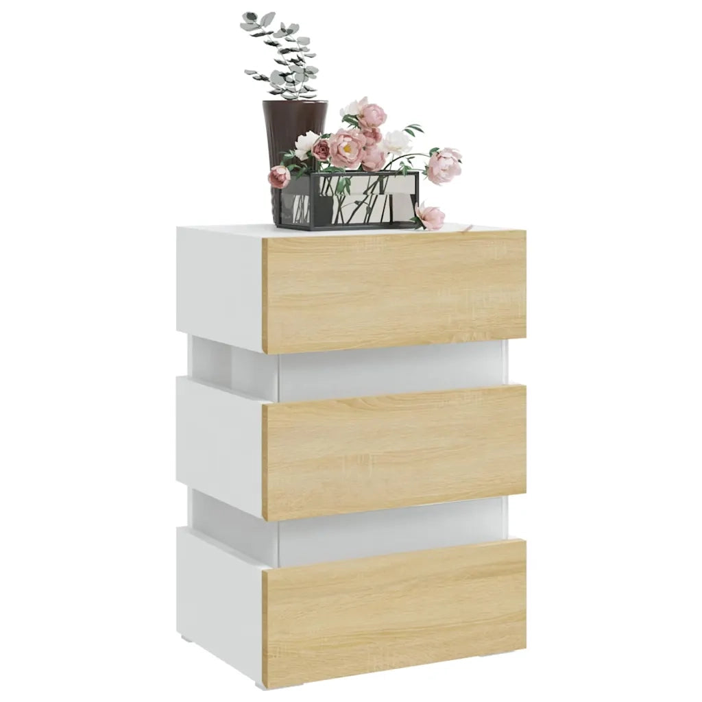 Comodino | Armadio da Notte | Mobiletto da notte con Luci LED Bianco e Sonoma 45x35x67cm in Multistrato