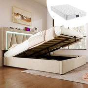 Letto imbottito LED 140x200 con porta USB e Type-C; contenitore; beige