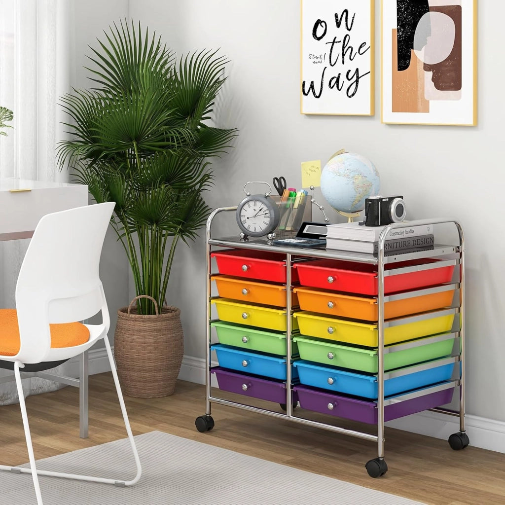 Carrello con 12 cassetti impilabili, carrello per cassetti con ruote e piano di lavoro, carrello per soggiorno, cucina, camera da letto e uffici, 64 x 38 x 62 cm (colorato)