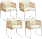 Set di 4 sedie Rio struttura in metallo bianco, corda effetto rattan chiaro e cuscini Beiges