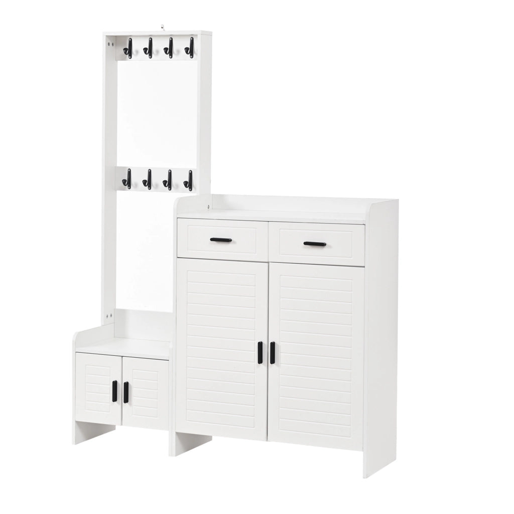 Mobile da ingresso bianco 125x32x165 cm con 2 cassetti， 8 ganci e vani