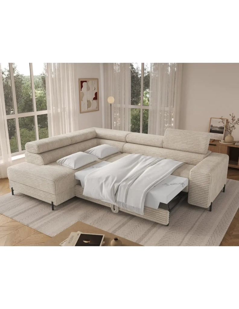 Divano ad angolo COLESIA convertibile 5 posti beige velluto a coste – sinistro – 274x200cm