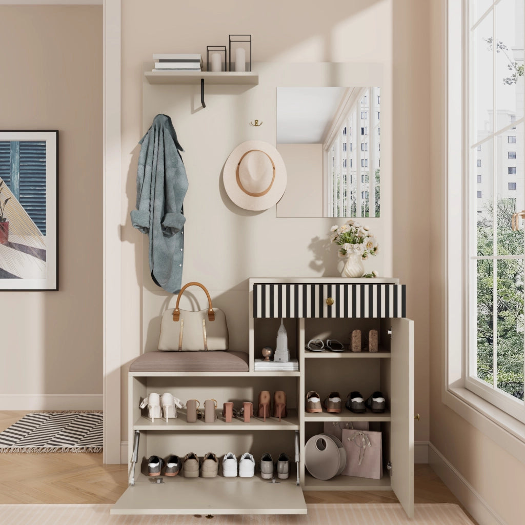 Mobile Ingresso con Specchio; 2 Ante; 1 Cassetto e Ripiani Regolabili; Seduta Imbottita; in MDF; 110??37??185;5 cm; Beige