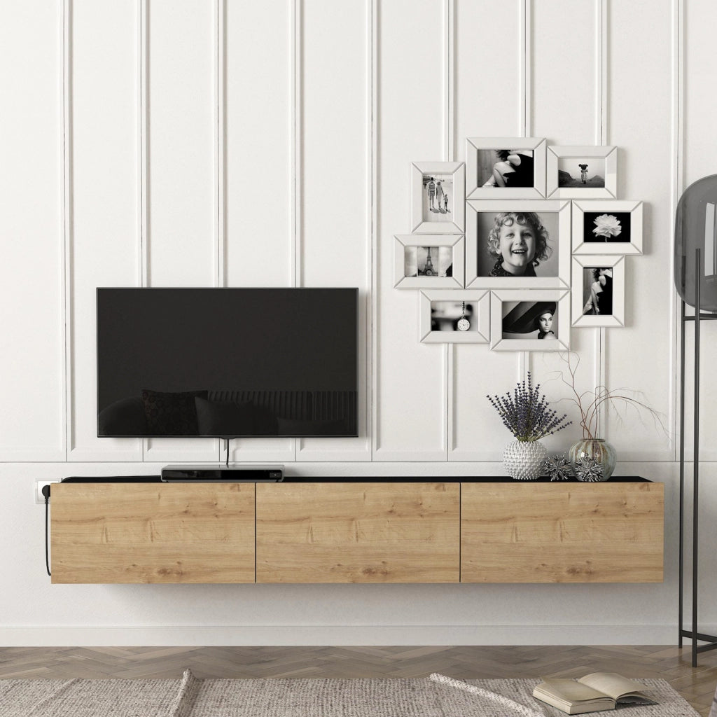 Mobile TV da Parete Vihti con 3 Ante a Ribalta Armadietto Pensile - Nero / Effetto Rovere [en.casa]