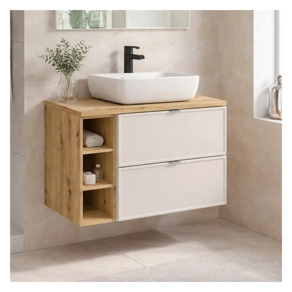 Set da bagno BRAZZA: mobili sotto lavabo cachemire 100cm con nicchie a vista + piano per lavabo effetto legno