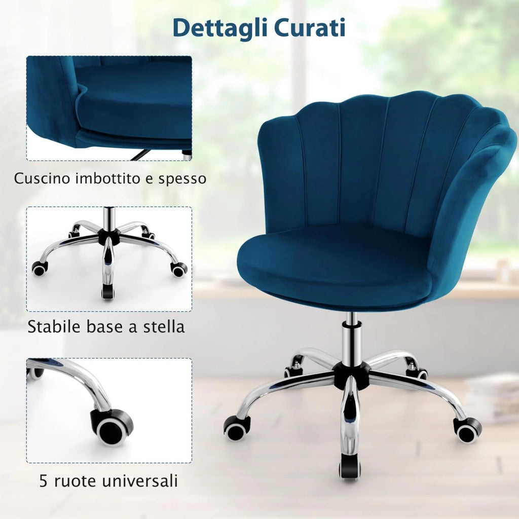 Sedia da Scrivania in Velluto, Poltrona Girevole con Altezza Regolabile, con Schienale a Forma di Petalo e Ruote, per Casa Ufficio, Carico Massimo 150 kg (Blu)