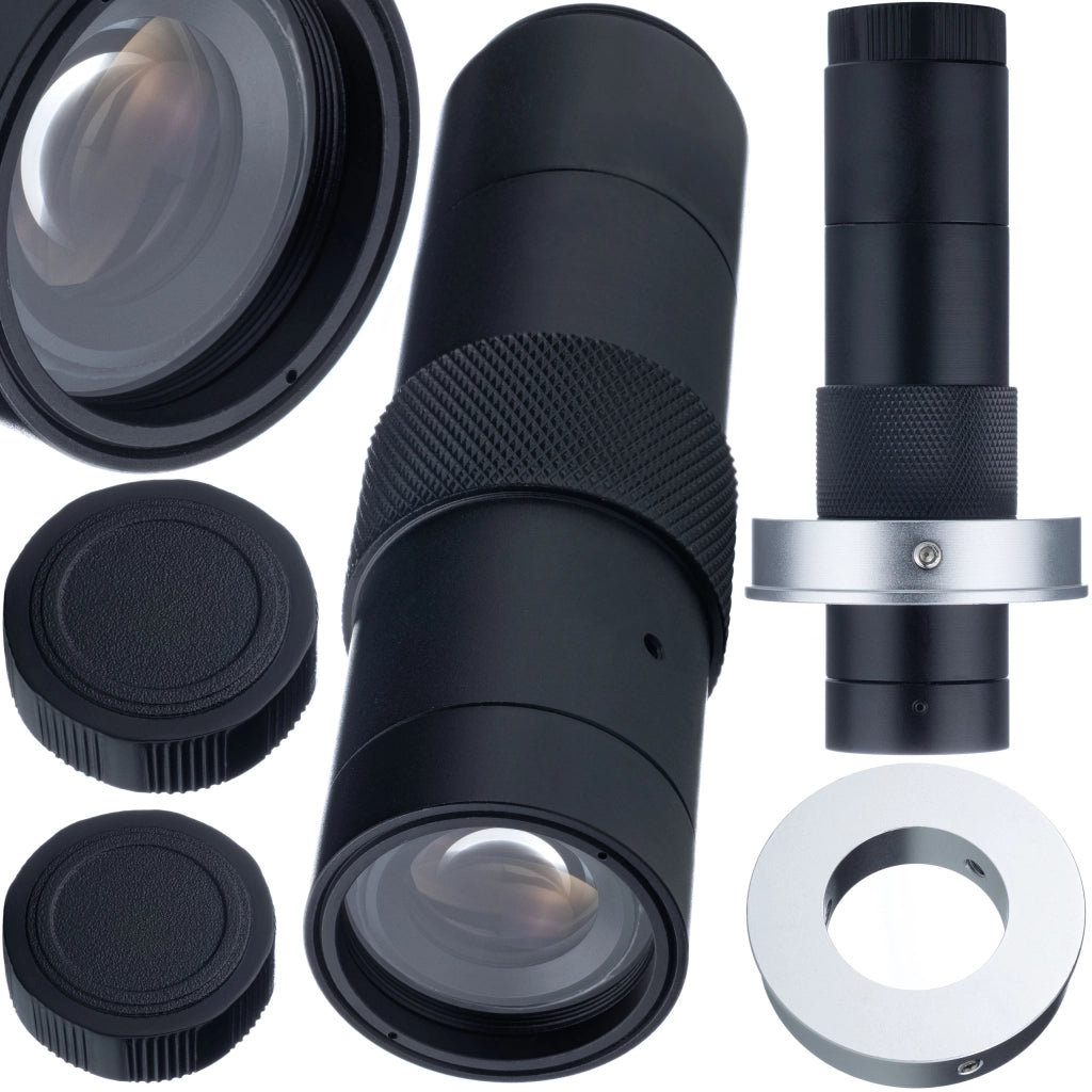 Obiettivo Microscopico C-Mount OptiZoom 1X-150X – Zoom 1:15, Distanza 50-1000mm, Adattatore 30-50mm, Peso 195g
