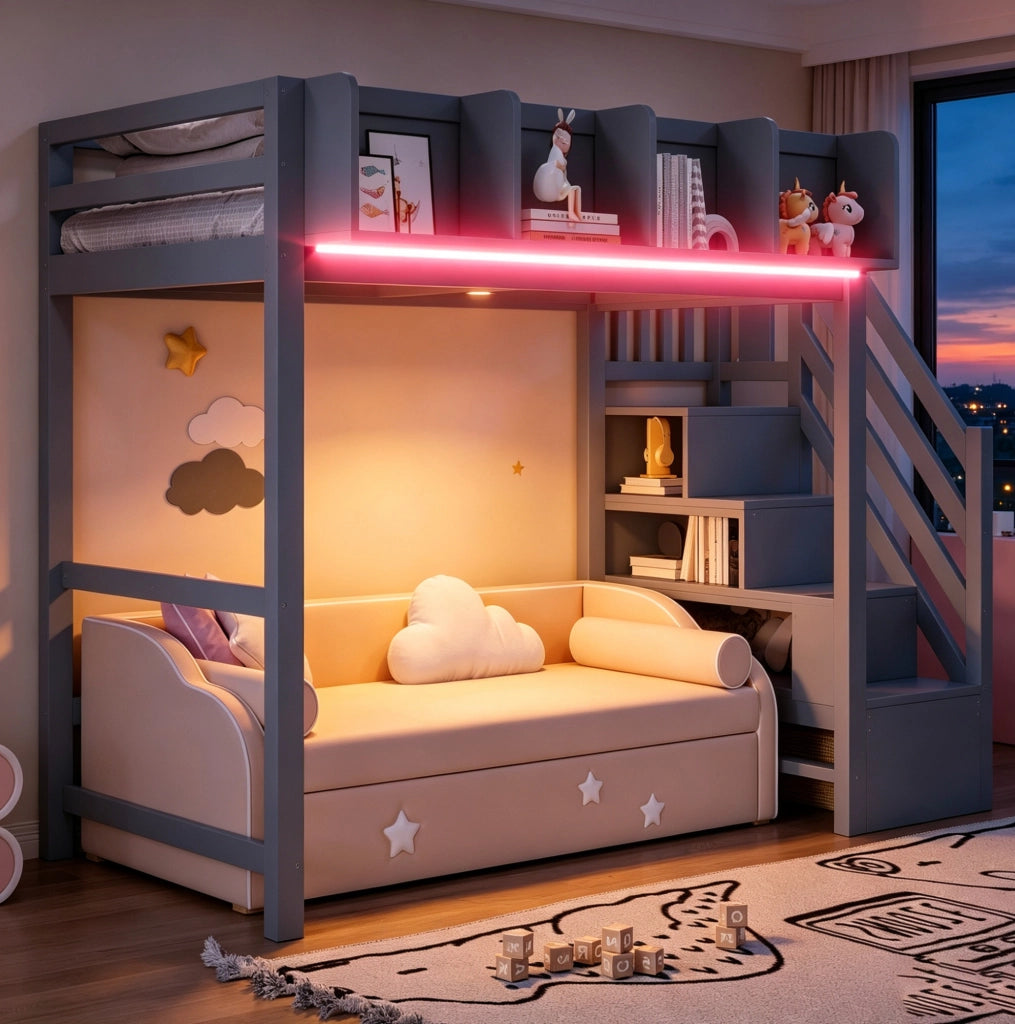 Letto a soppalco 90x200 cm in legno grigio con LED; sponde di sicurezza; ripiani e scala