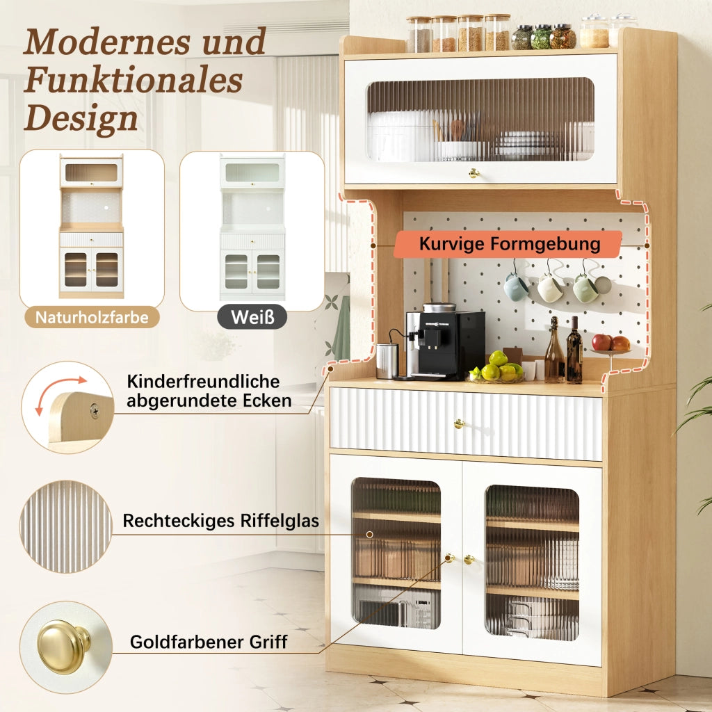 Credenza alta con LED, 1 cassetto, ripiani regolabili e anta a ribalta, per cucina e soggiorno, 80 × 40 × 180 cm