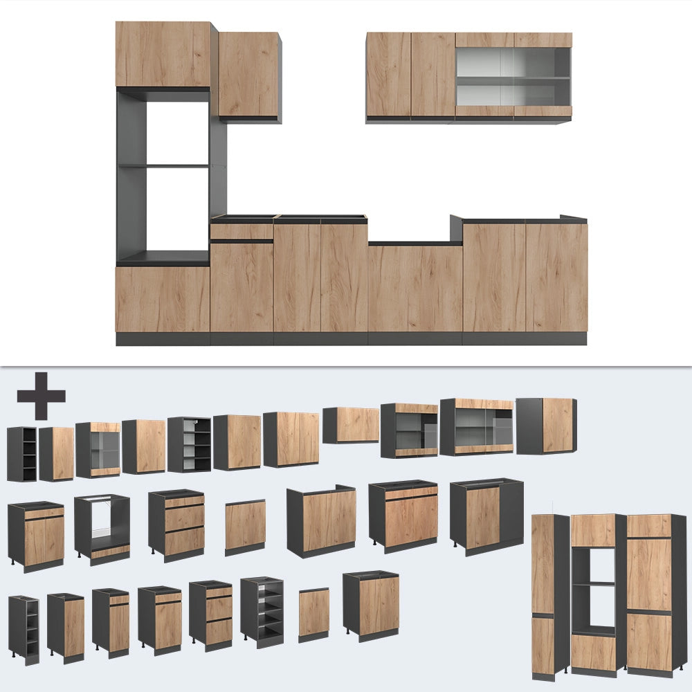 Cucina componibile R-Line Rovere dorato/Antracite 300 cm J-Shape con armadio alto, PL Rovere Vicco