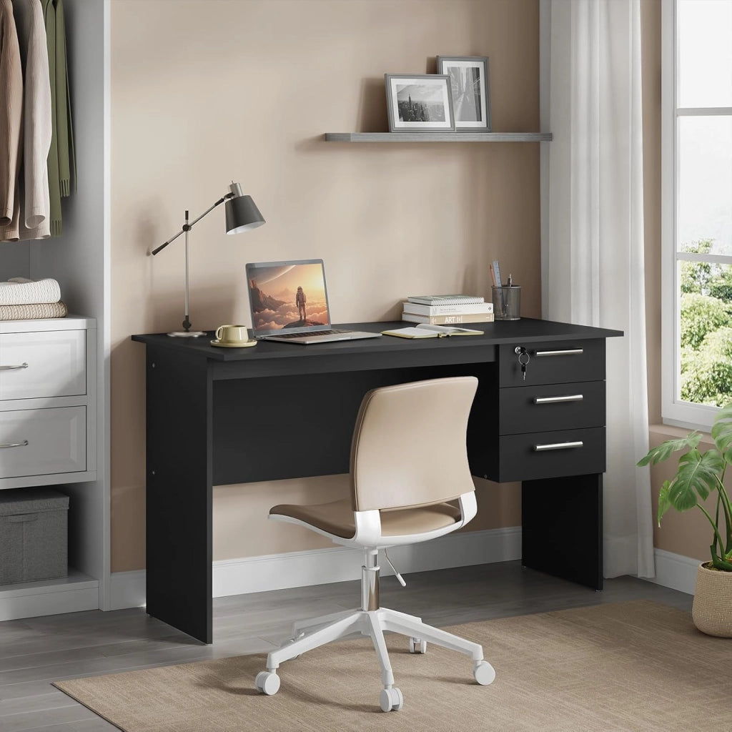 Scrivania con 3 Cassetti, 120x60 cm, Tavolo da Lavoro, Scrivania per Computer, Porta PC in Legno, Nero