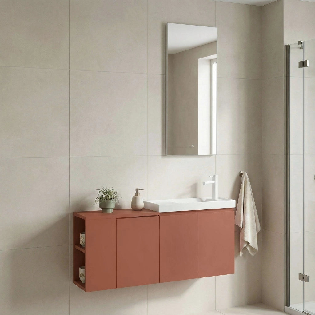 Set mobile lavabo con specchio (2 pezzi) "Ferla 110" - 110 x 22 x 45 cm - Cinnamon opaco
