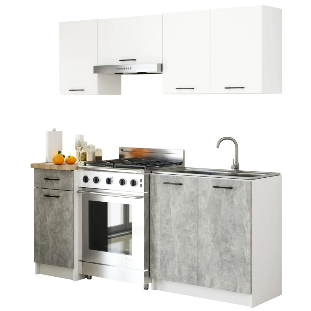 AKORD Set di Mobili da Cucina OLIWIA 180 cm Bianco 180 cm 7 ante 1 cassetto inserto frontale Cemento 180x46x203 cm