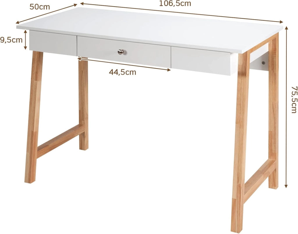 Scrivania da Ufficio con 1 Cassetto, Ampio Piano d'appoggio, Gambe Robuste con 2 Barre Trasversali, Ideale per Studio e l'Ufficio, Peso Massimo 54,4 kg, 106,5 x 50 x 75,5 cm