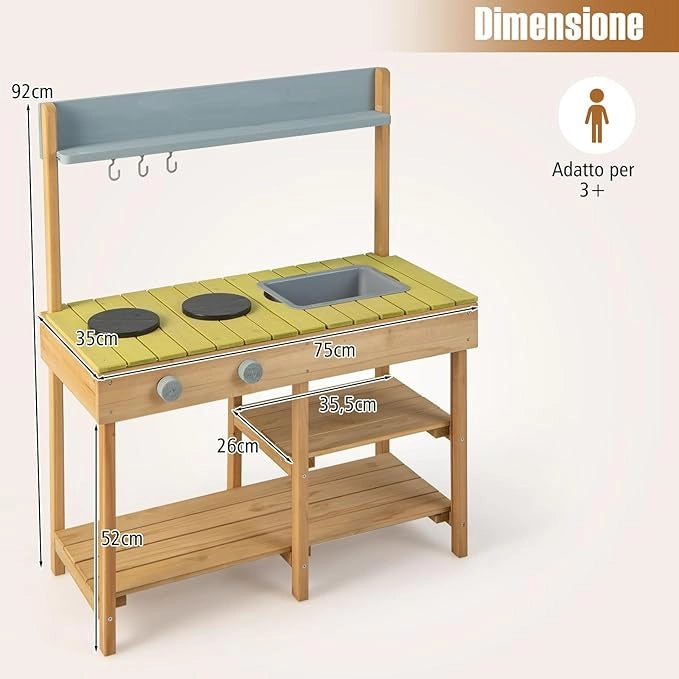 Cucina Giocattolo in Legno, Cucina per Bambini in Legno con Ganci Appendibili, 2 Fornelli, Lavello Rimovibile e Scaffali Aperti, Set da Giocattolo per Bambini 3+ Anni