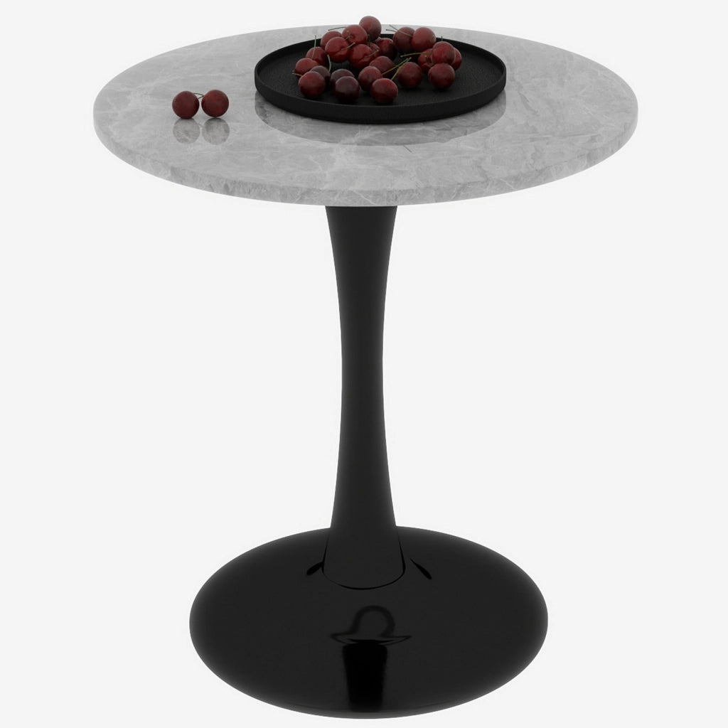 Tavolo da pranzo - rotondo 70 cm - stile mid-century - marmo grigio chiaro - per 2-4 persone - nero