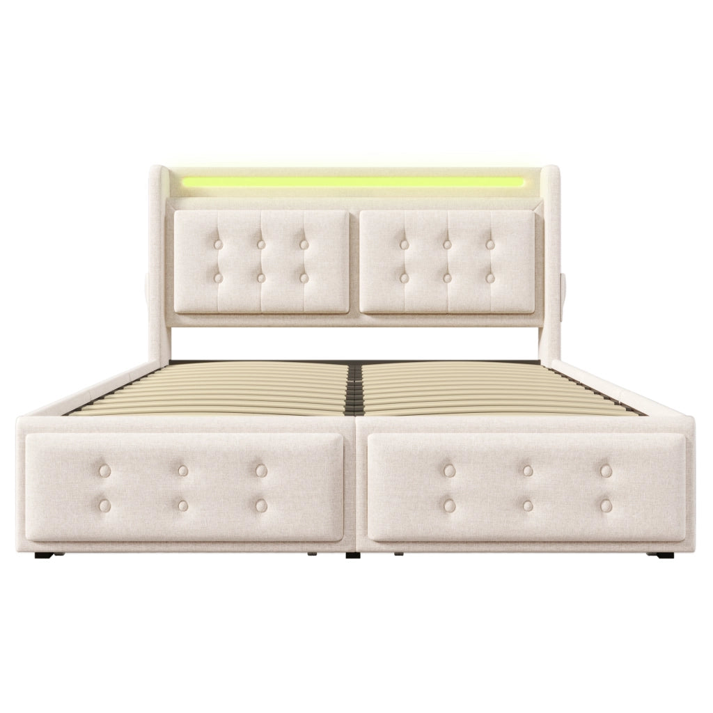 OKWISH Letto con Cassetti Letto Matrimoniale 160×200 cm con LED Regolabile, USB, Tipo-C e Mensole, senza Materasso, in Tessuto Beige