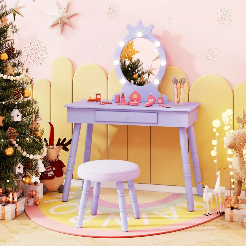 Set da trucco per bambini con specchio illuminato, Set di trucco per principesse con tavolo e sedia regolabili Viola-Toelette per bimbi