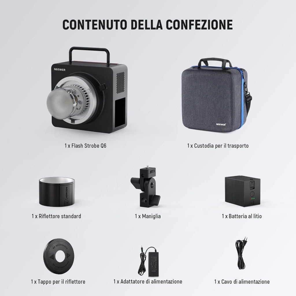 Q6 Flash da Studio Esterno TTL 2.4G 600Ws, Controllo App, 1/1 a 1/512, HSS 1/8000s Batteria 3000mAh, Luce Strobo con Lampada Pilota LED Bicolore 30W/400 Flash a Piena Potenza/Riciclo 0,01-0,9s
