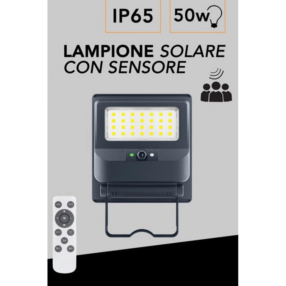 Trade Shop - Lampione Faro Con Pannello Solare 50 Watt Sensore Crepuscolare Luce Fredda Ip65 Es-p-50f -