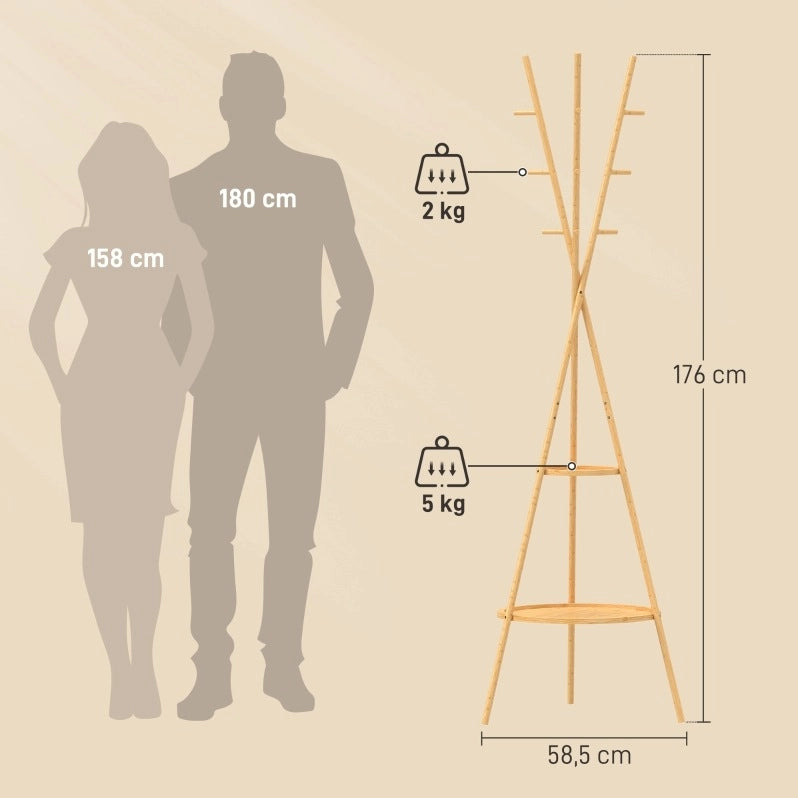Appendiabiti da terra 58,5x58,5x176 cm naturale, 9 ganci e 2 ripiani, bambù e MDF