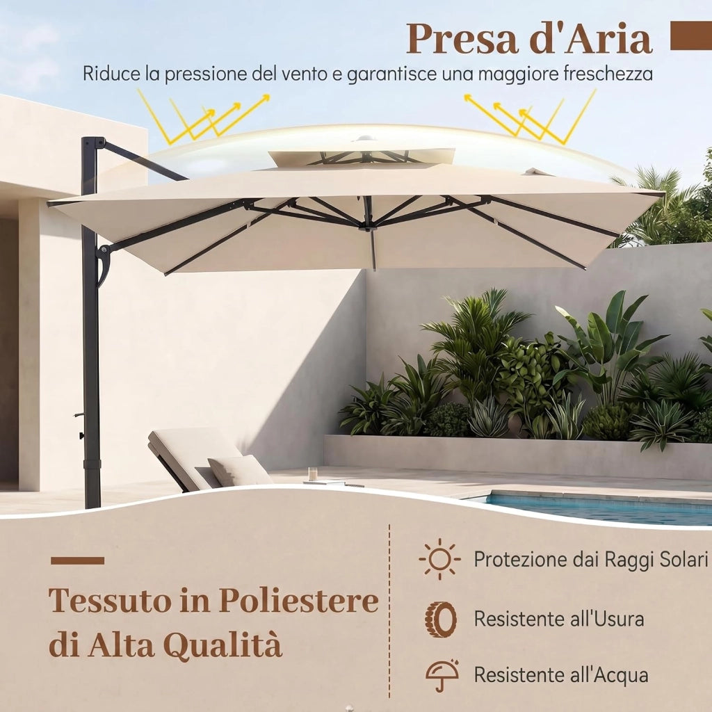 Ombrellone da Giardino 300 cm con Base a Croce, Ombrellone da Esterno Quadrato con Manovella, Rotazione 360°, 8 Stecche Metalliche Resistenti, per Balcone, Terrazzo e Piscina