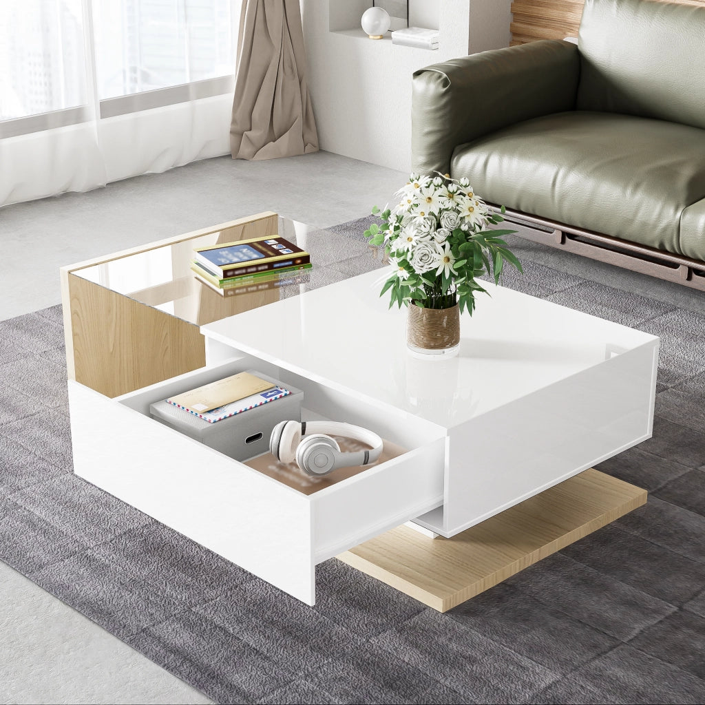 OKWISH Tavolino da Salotto Rettangolare con Piano in Vetro, Vano Contenitore e LED a 16 Colori, per Soggiorno, 105×55×32,5 cm