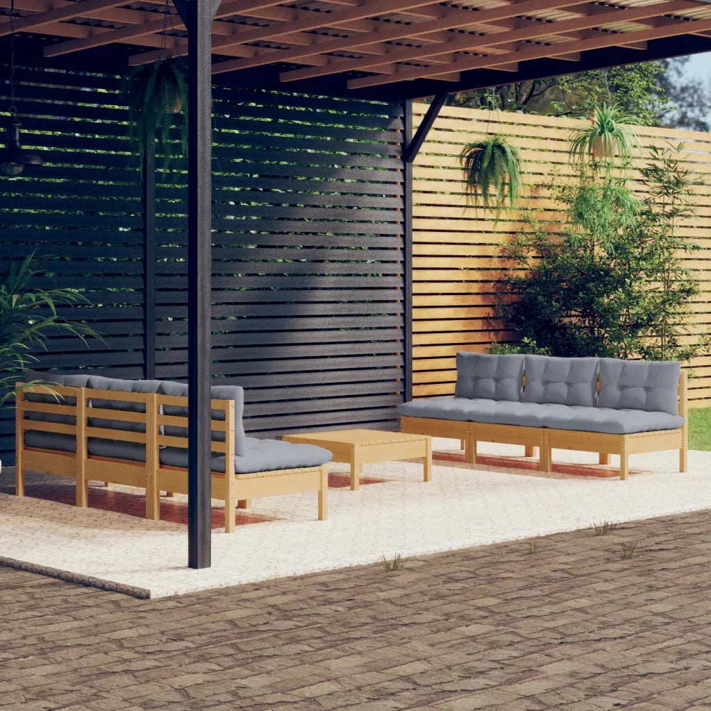 Set Divani da Giardino 7 pz con Cuscini Grigi Massello di Pino 3096093