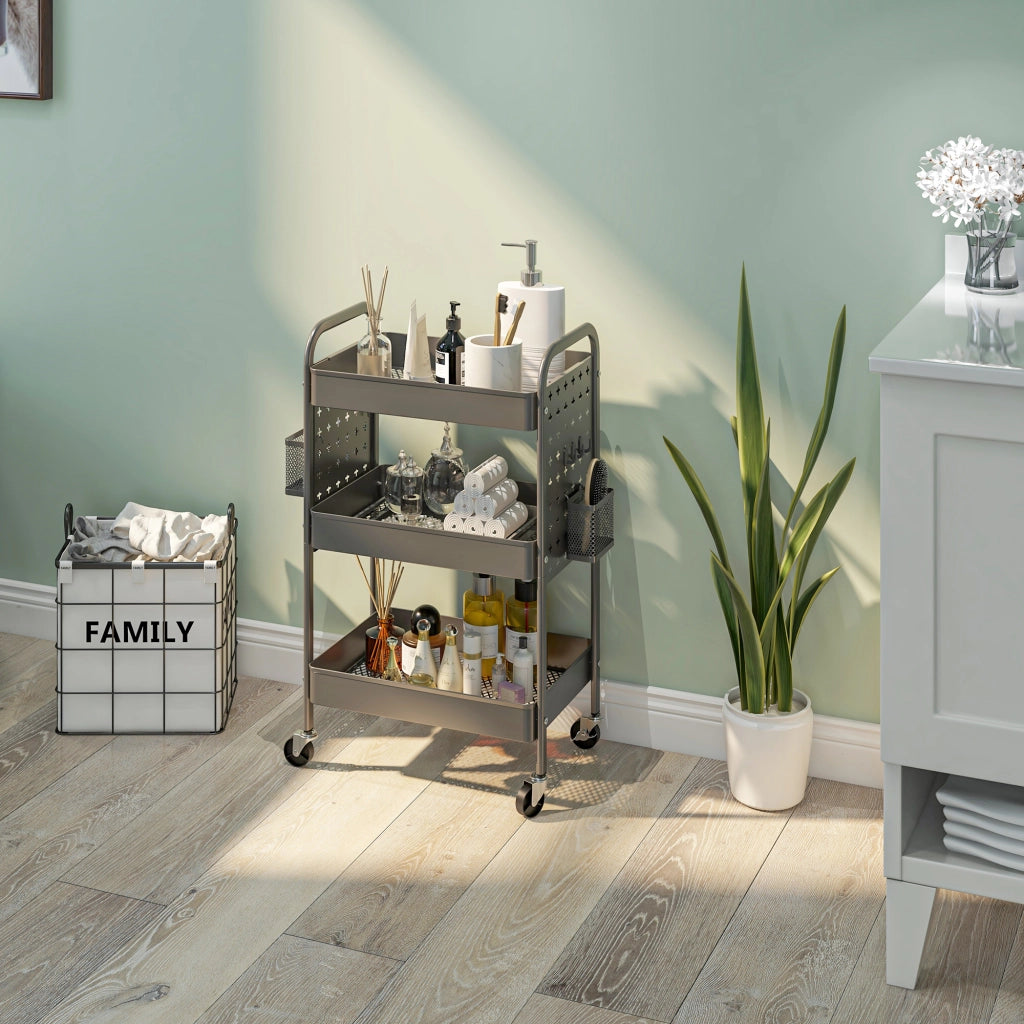 Carrello Multiuso con 3 Ripiani e 4 Ruote ¨C zephmum ¨C Grigio 53.5x30.5x75 cm