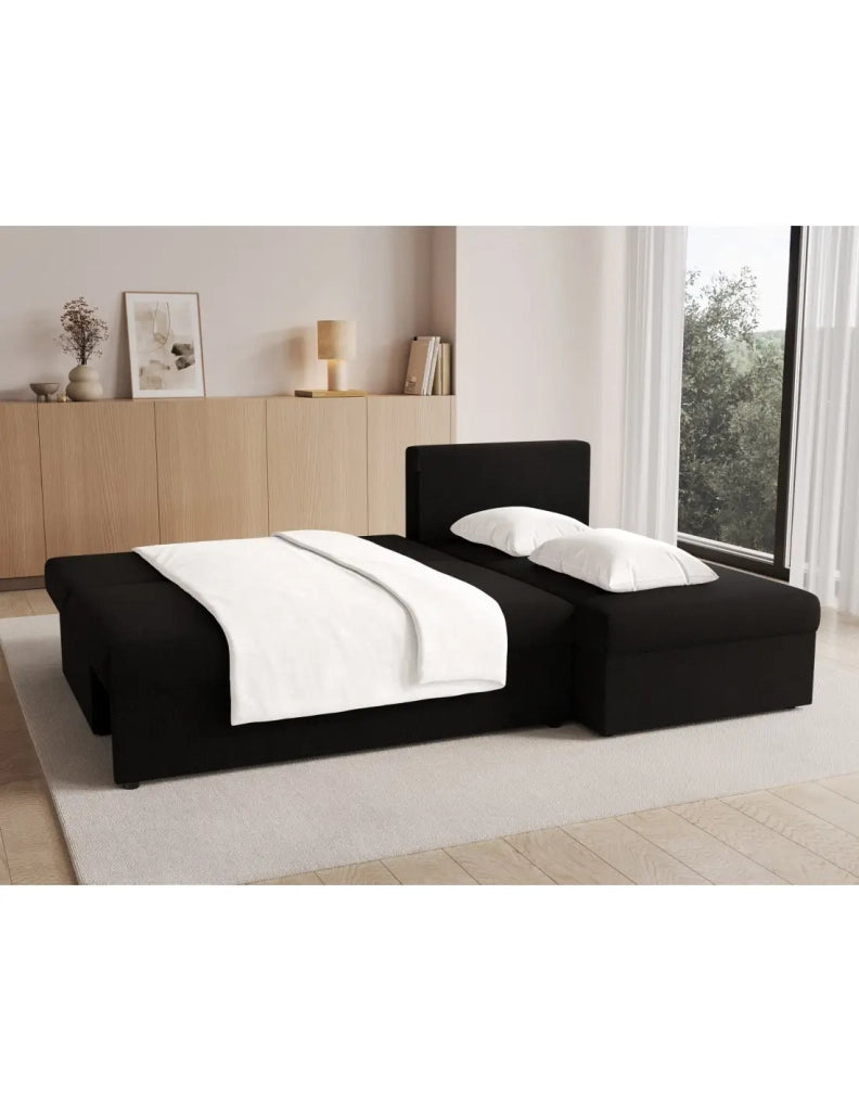 Divano ad angolo Nero 3 posti chaise longue universale 206x90x146cm GINA