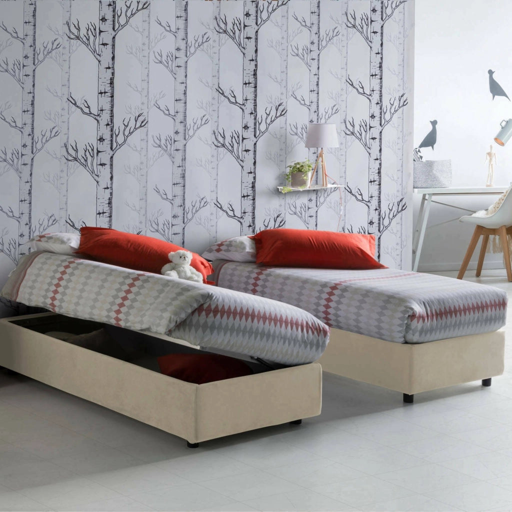 Letto singolo Abbi, Letto contenitore con rivestimento in tessuto, Made in Italy, Apertura laterale, con materasso cm 80x190 incluso, Beige