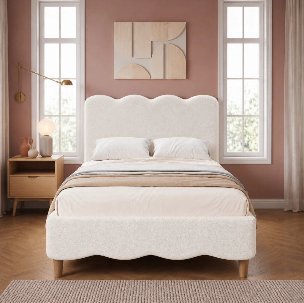 Letto singolo imbottito 90x200 cm con rete a doghe e testiera; bouclé bianco