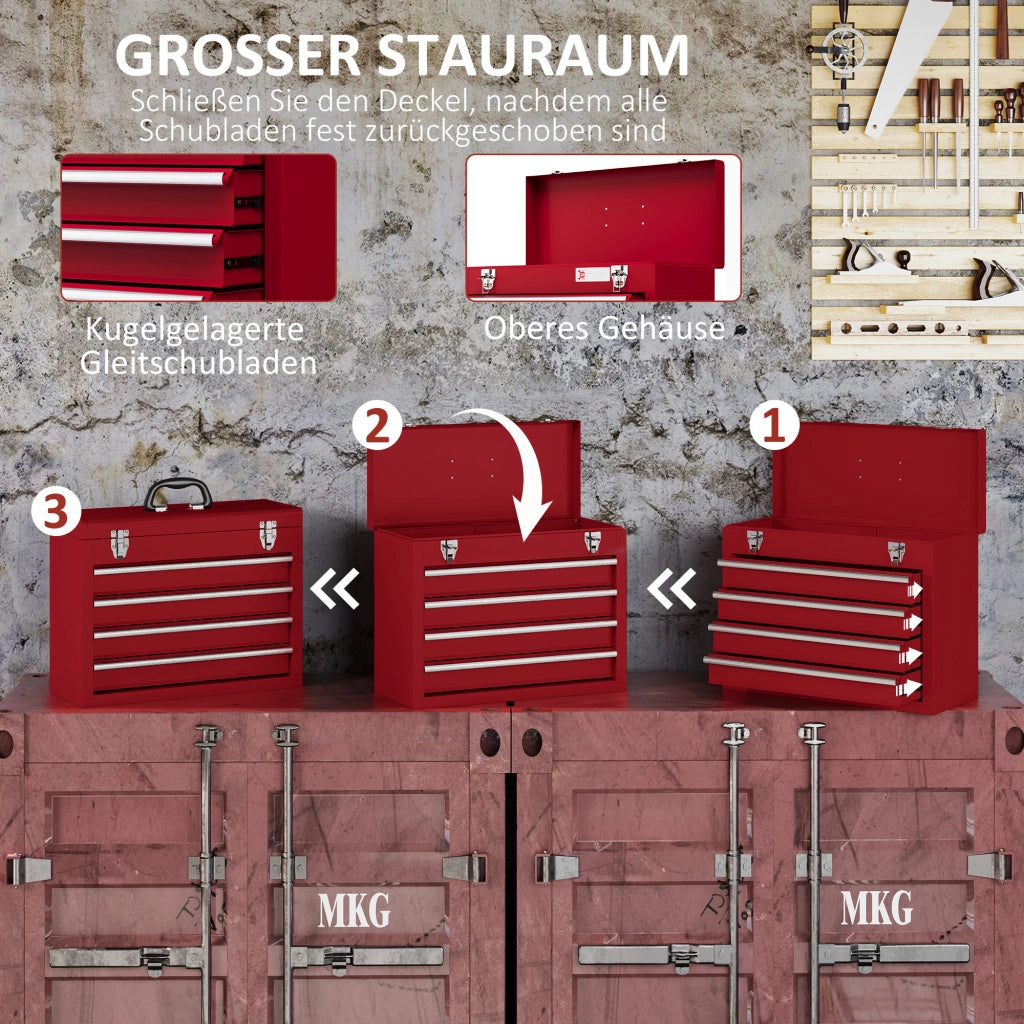 CASSETTA PORTA ATTREZZI 51 x 22 x 39,5 cm Rossa in acciaio con 4 cassetti