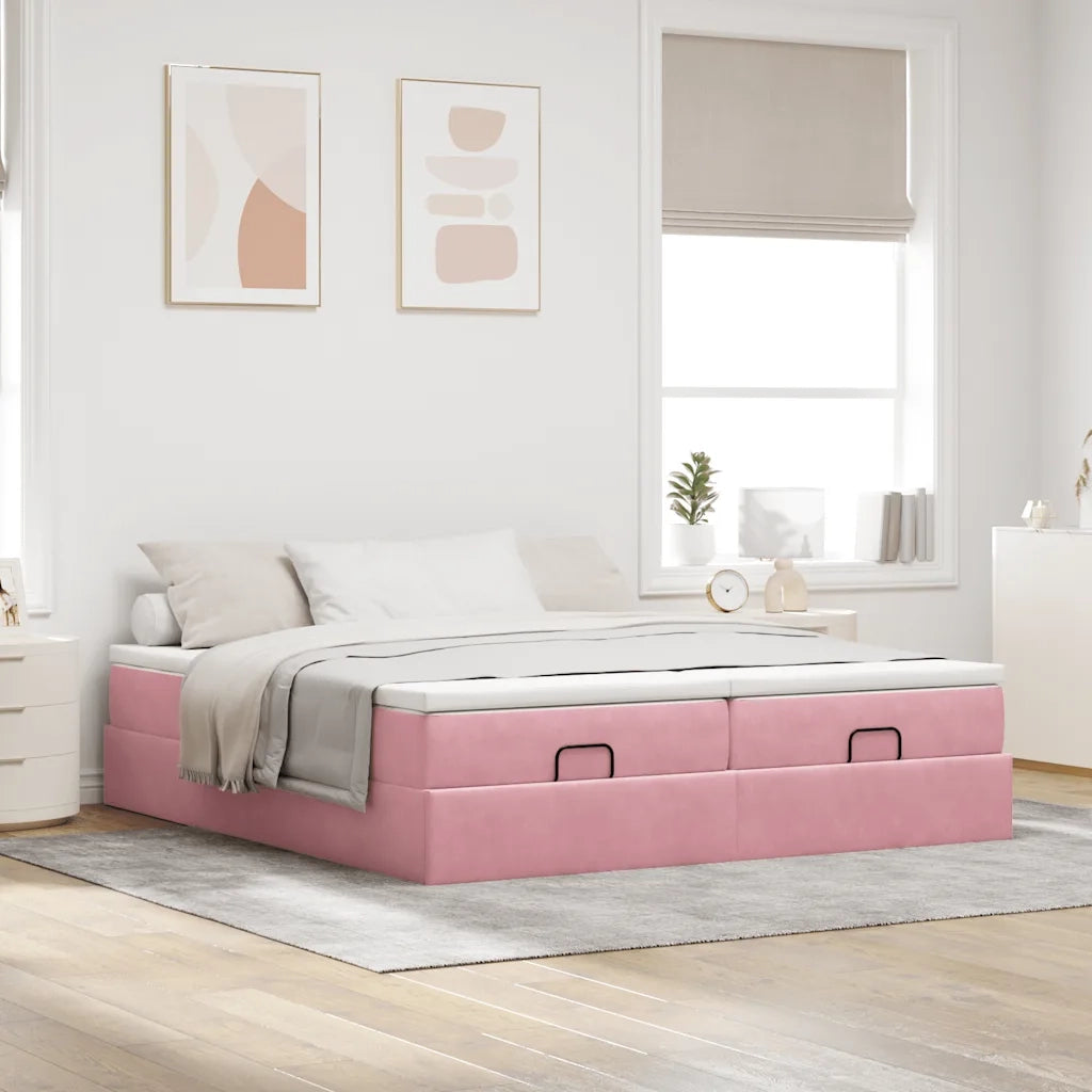 Struttura Letto Pouf con Materassi Rosa 160x200 cm Velluto