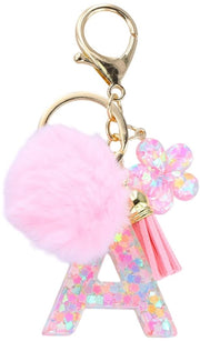 Decorazione per chiavi con lettera, fiore e pompon, decorativa appendiavanti per auto, casa e uso quotidiano, dimensione 11 x 4,5 cm