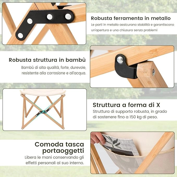 Set di 2 Sedie da Campeggio a Farfalla Pieghevole, con Borsa per il Trasporto, Sedia da Giardino in Bambù con Tasca Portaoggetti, Capacità di 150 KG, per Campeggio Pesca Picnic (Beige)