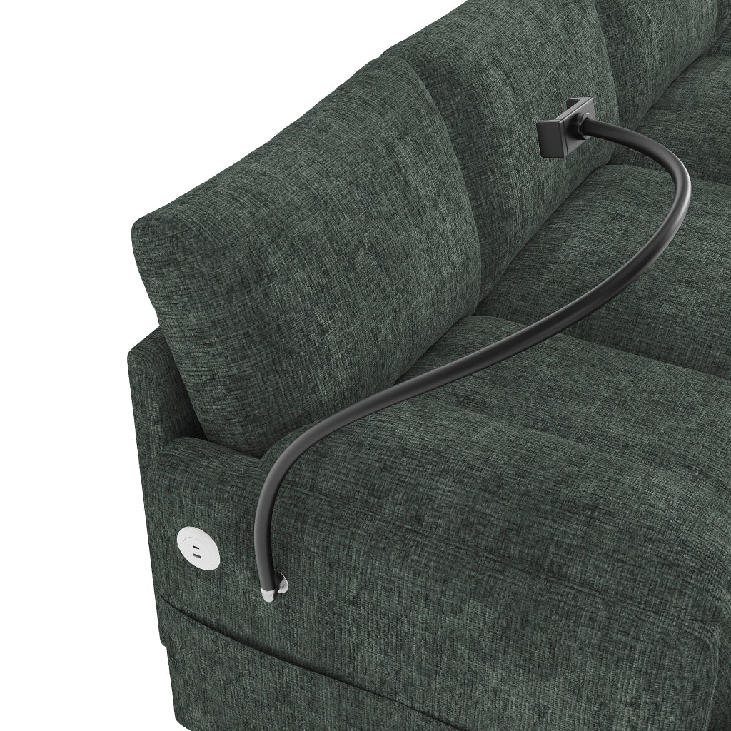 Divano angolare modulare 6 posti con due pouf contenitore e ricarica USB Type-C e portatelefono in chenille verde