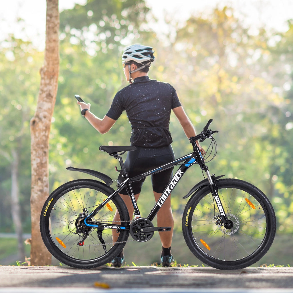 Mountain bike a 21 velocità con forcella ammortizzata e manubrio antiscivolo in ferro blu per adolescenti e adulti