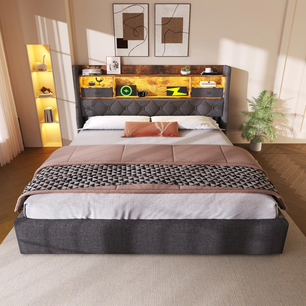 OKWISH Letto Contenitore 160×200 cm, Letto Matrimoniale con LED Regolabile, USB, Tipo C e Mensola, senza Materasso, in Lino, Grigio