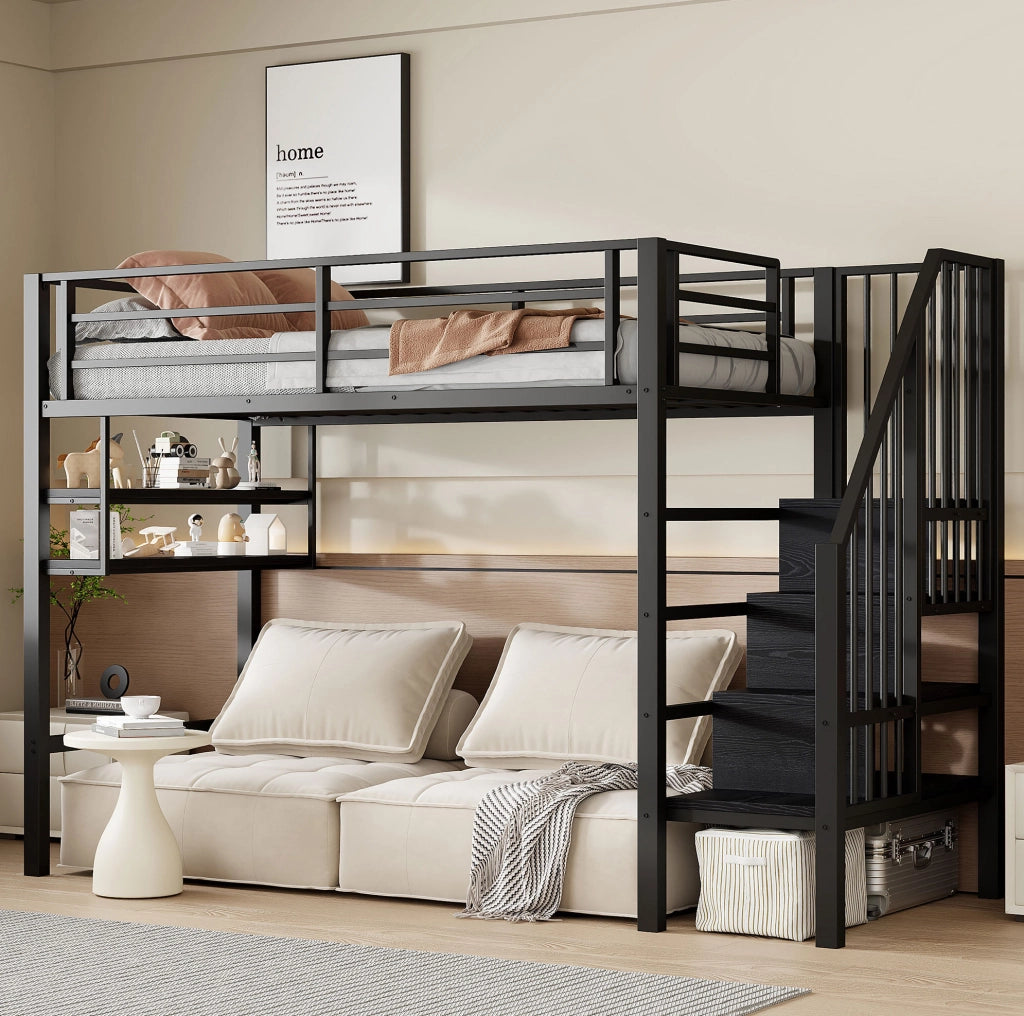 Letto a soppalco per bambini 90x200 cm nero con scaffali